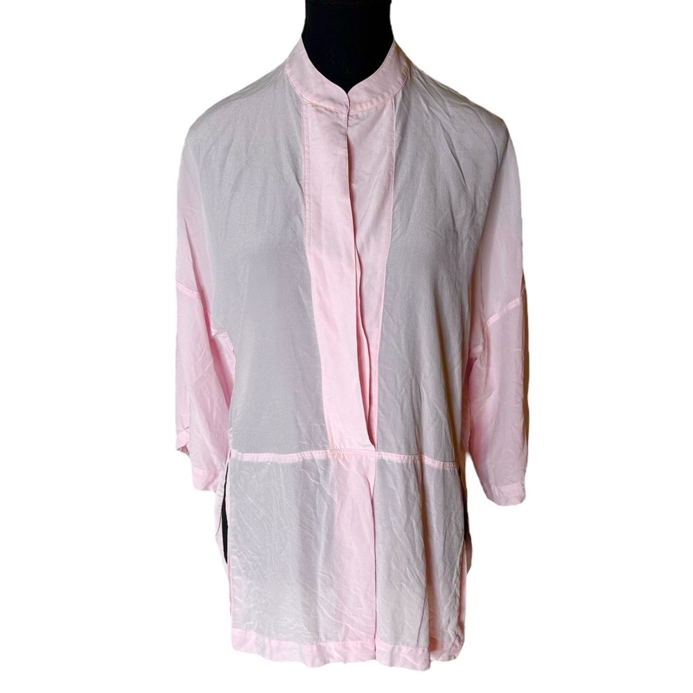 J. CREW Pale Pink Semi Sheer Silk Tunic Blouse Hidden Buttons V Neck Size Small